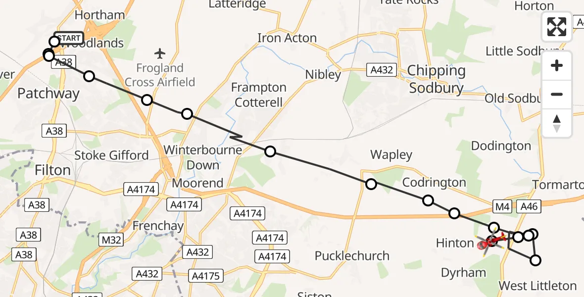 Flight path map showing Air Ambulance Helicopter route from Almondsbury Helicopter Base to Dyrham