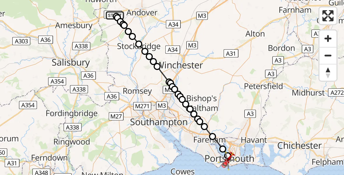 Flight path map showing Air Ambulance Helicopter route from Thruxton Aerodrome to Portsmouth