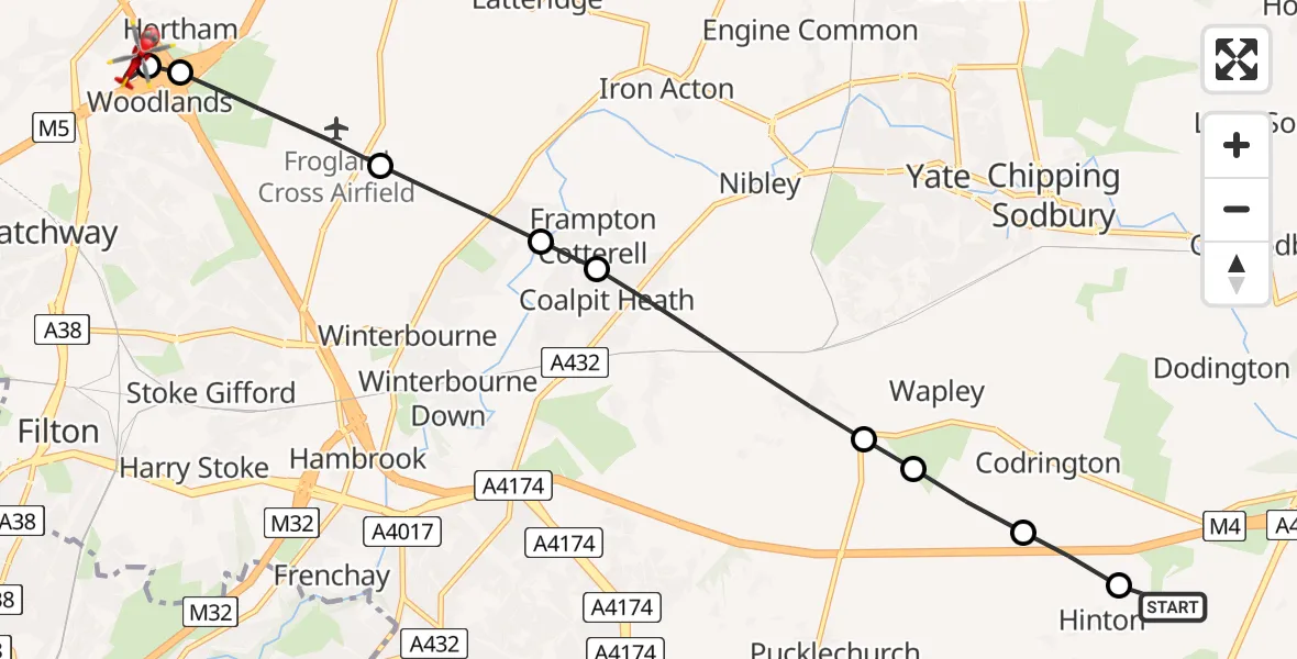 Flight path map showing Air Ambulance Helicopter route from Dyrham to Almondsbury Helicopter Base