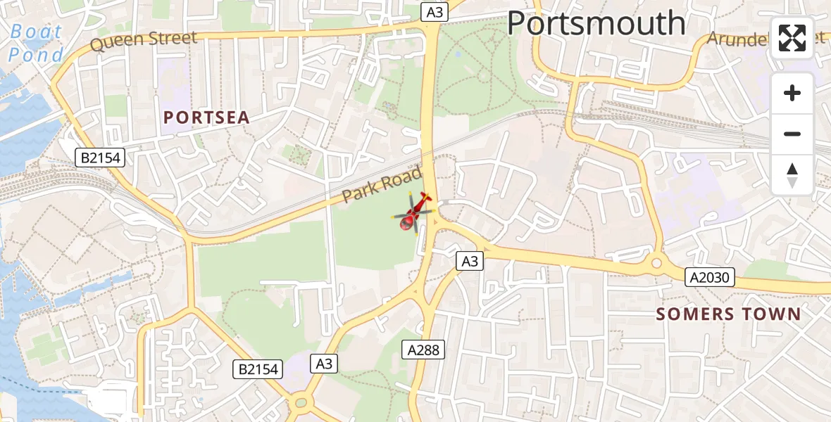 Flight path map showing Air Ambulance Helicopter route from Portsmouth to Portsmouth