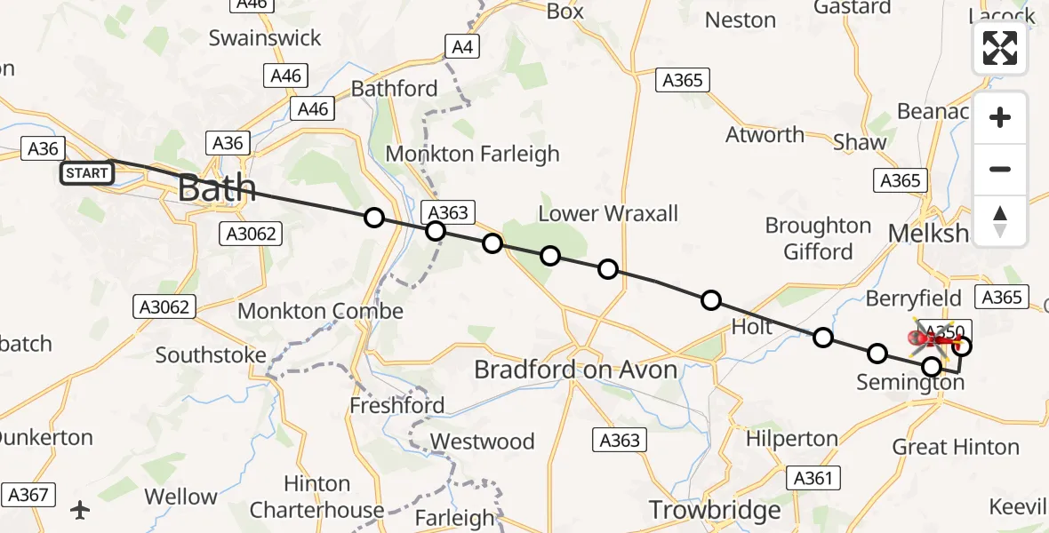 Flight path map showing Air Ambulance Helicopter route from Bath to Melksham