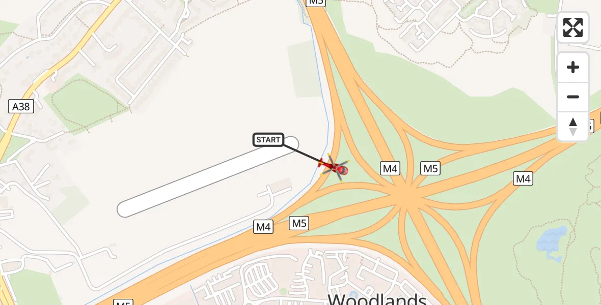 Flight path map showing Air Ambulance Helicopter route from Almondsbury Helicopter Base to Almondsbury Helicopter Base