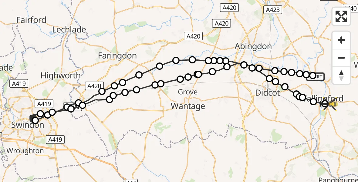Flight path map showing Police Helicopter route from Shillingford to Crowmarsh Gifford