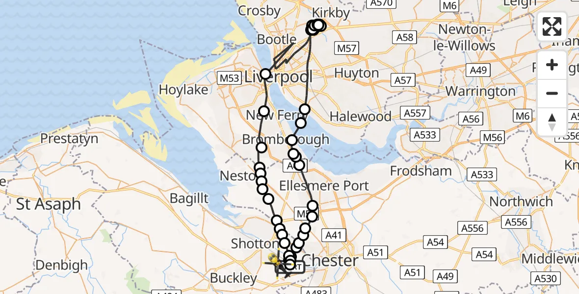 Flight path map showing Police Helicopter route from Hawarden Airport to Little Roodee