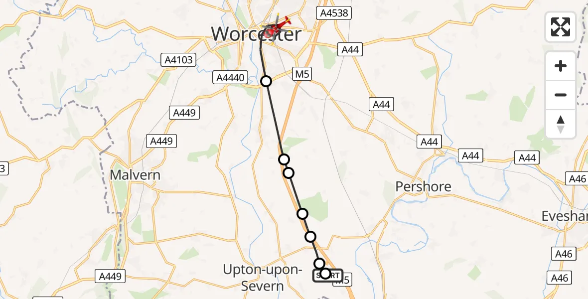 Flight path map showing Air Ambulance Helicopter route from Hill Croome to Worcester