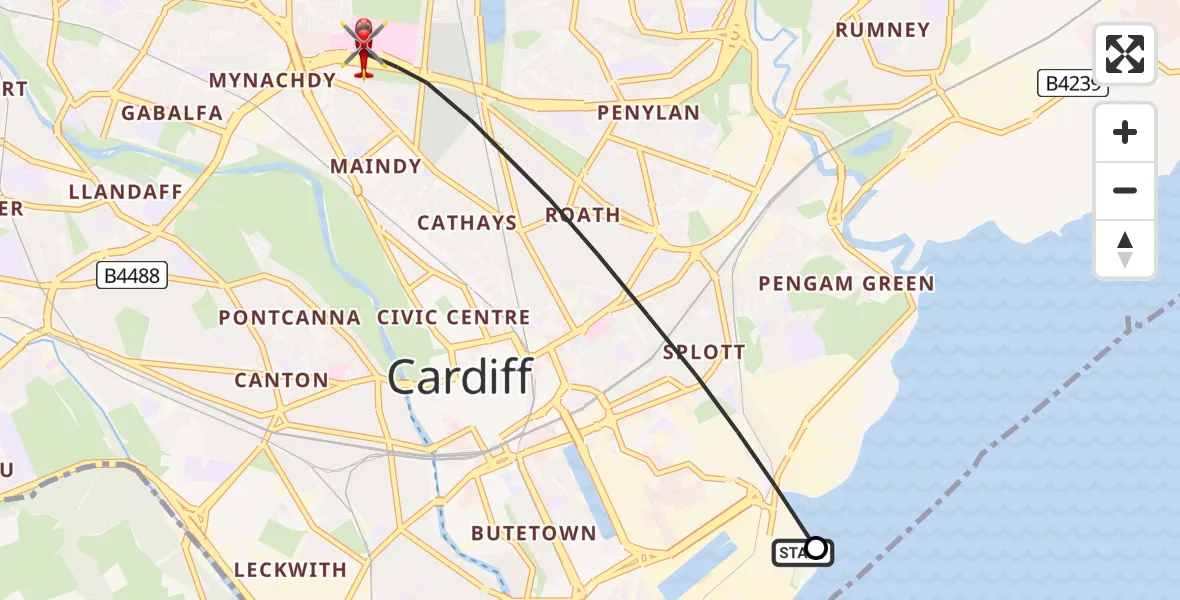 Flight path map showing Air Ambulance Helicopter route from Cardiff Heliport to Cardiff