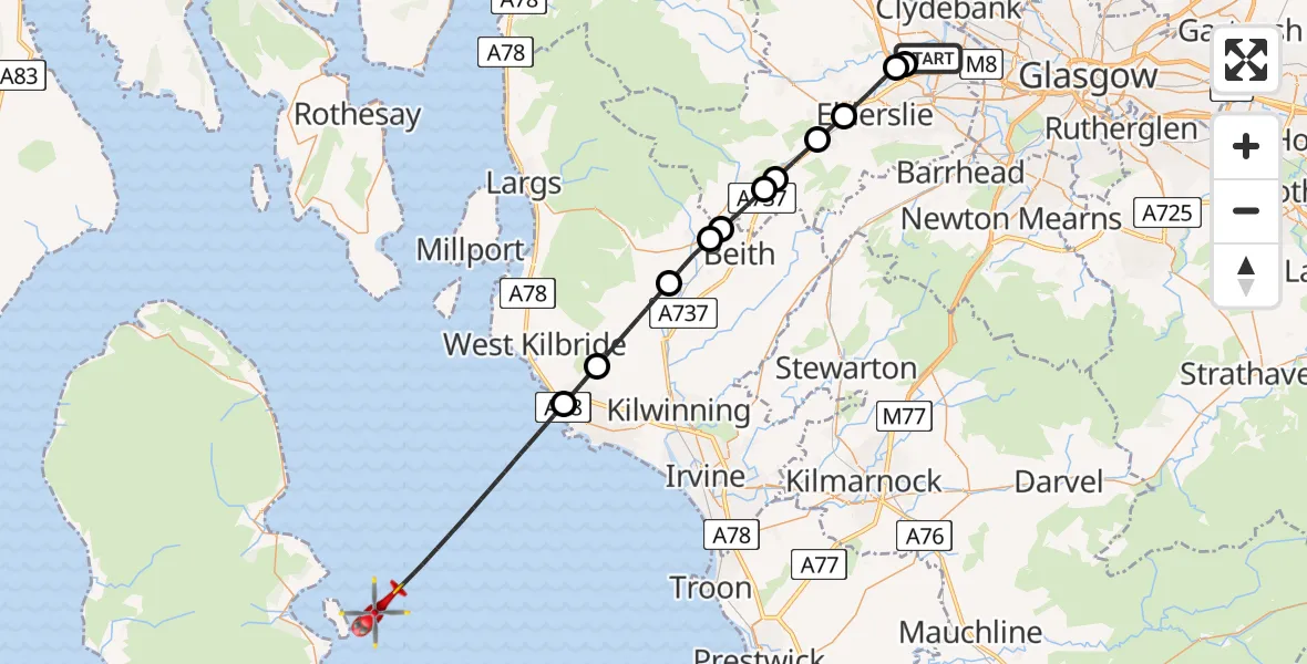 Flight path map showing Air Ambulance Helicopter route from Glasgow Airport to Inner Seas