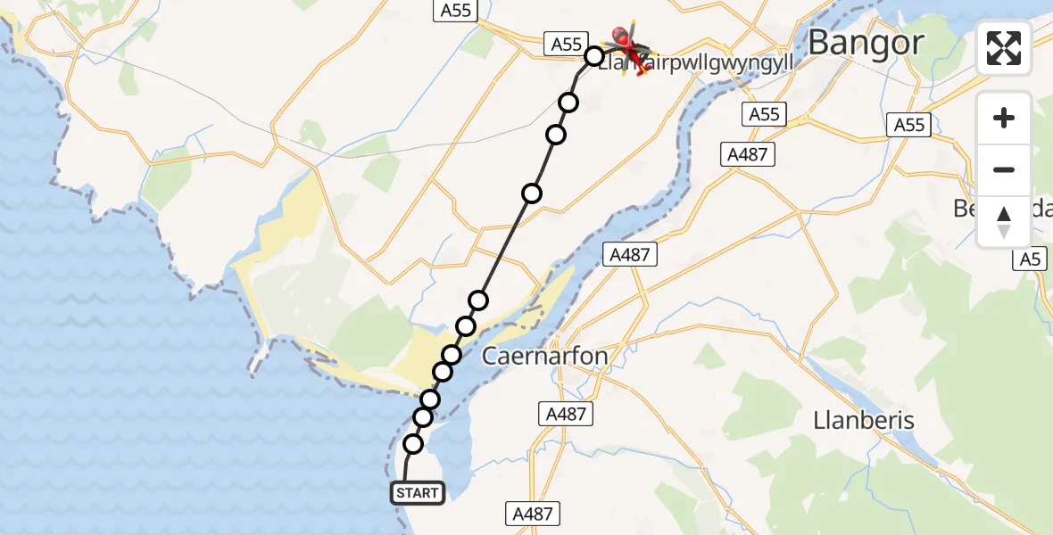 Flight path map showing Air Ambulance Helicopter route from Caernarfon Airport to Star
