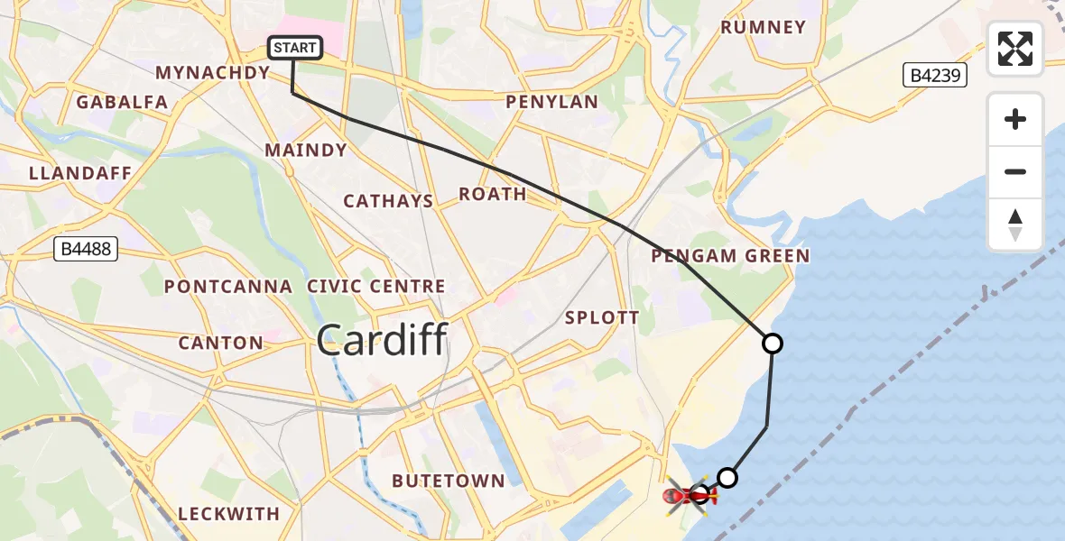 Flight path map showing Air Ambulance Helicopter route from Cardiff to Cardiff Heliport