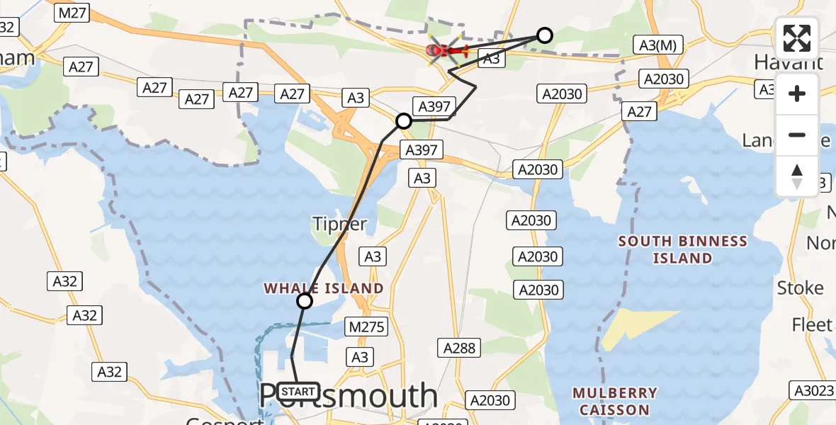 Flight path map showing Air Ambulance Helicopter route from Portsmouth to Portsmouth