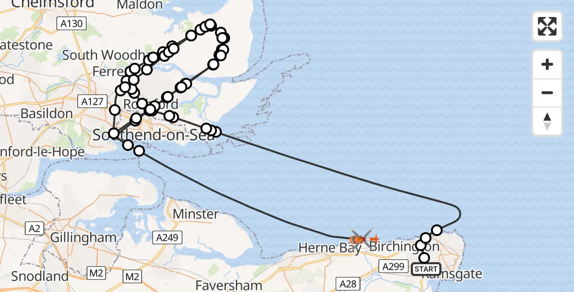 Flight path map showing Coastguard Helicopter route from Manston Airport to North Sea