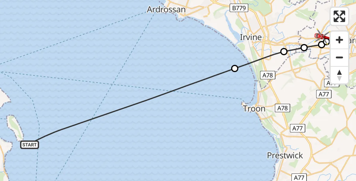 Flight path map showing Air Ambulance Helicopter route from Inner Seas to Knockentiber