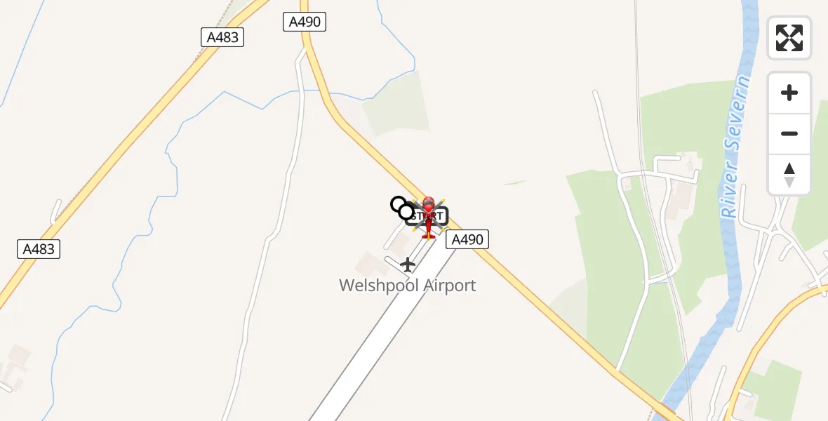 Flight path map showing Air Ambulance Helicopter route from Welshpool Airport to Welshpool Airport