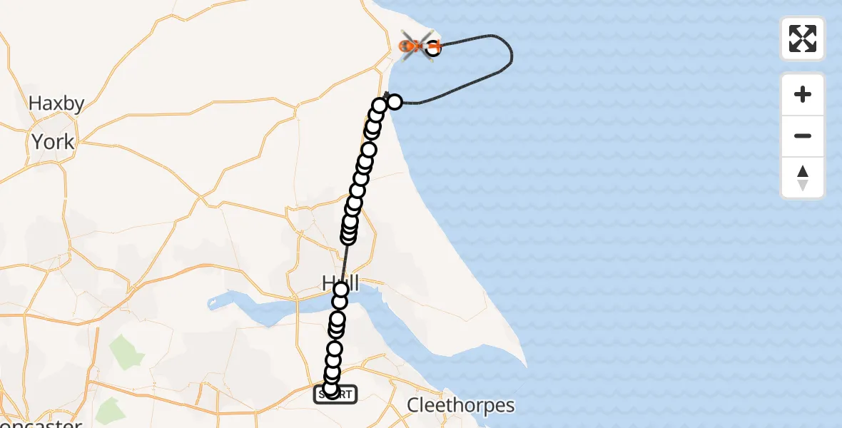 Flight path map showing Coastguard Helicopter route from Humberside Airport to Flamborough
