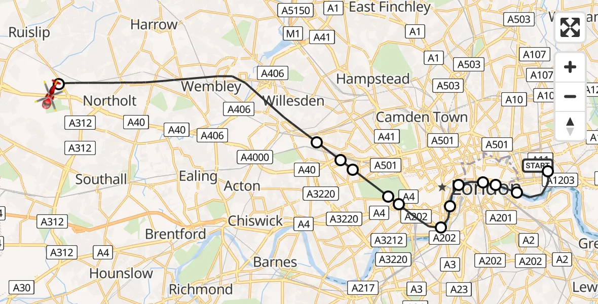 Flight path map showing Air Ambulance Helicopter route from Royal London Hospital to RAF Northolt