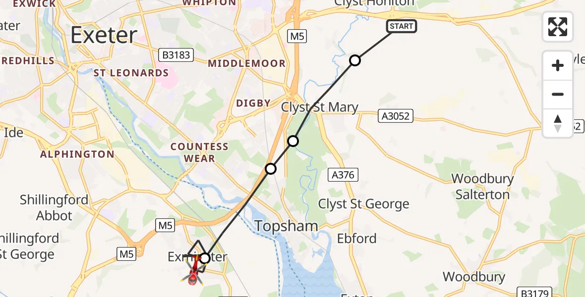 Flight path map showing Air Ambulance Helicopter route from Exeter International Airport to Exminster