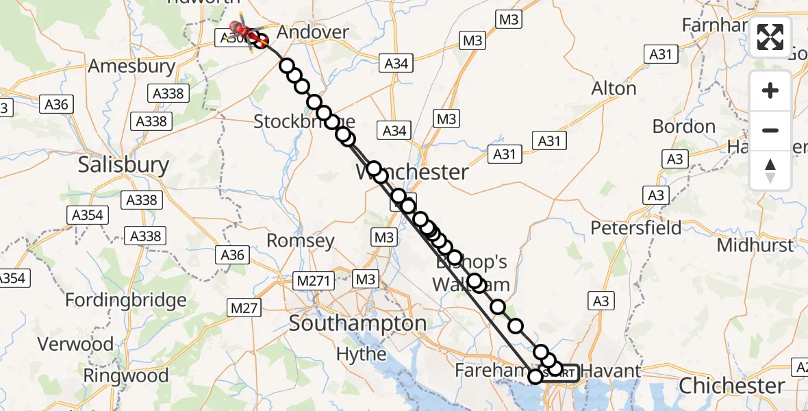 Flight path map showing Air Ambulance Helicopter route from Queen Alexandra Hospital to Thruxton