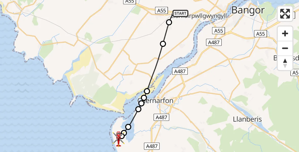 Flight path map showing Air Ambulance Helicopter route from Star to Caernarfon Airport