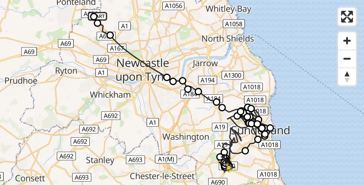 Routekaart van de vlucht: Police Helicopter to Sunderland, Park Lea