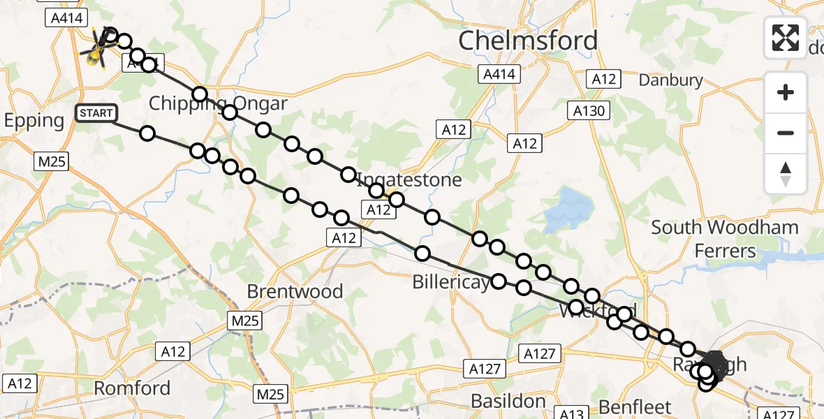 Flight path map showing Police Helicopter route from Woodhatch to North Weald Bassett
