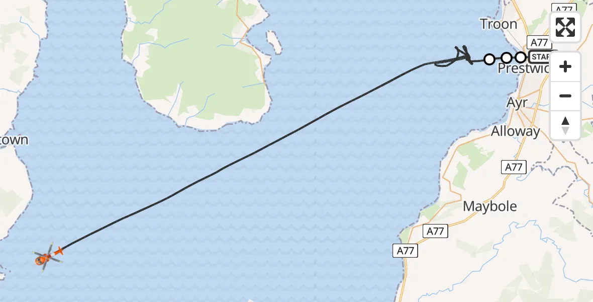 Flight path map showing Coastguard Helicopter route from Glasgow Prestwick Airport to Inner Seas