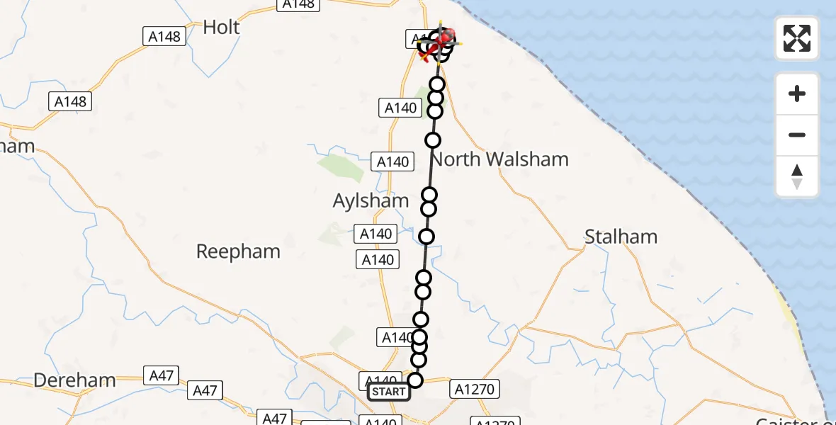 Flight path map showing Air Ambulance Helicopter route from Norwich Airport to Northrepps Aerodrome