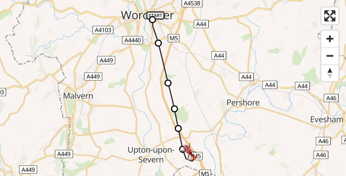 Flight path map showing Air Ambulance Helicopter route from Worcester to Upper Strensham