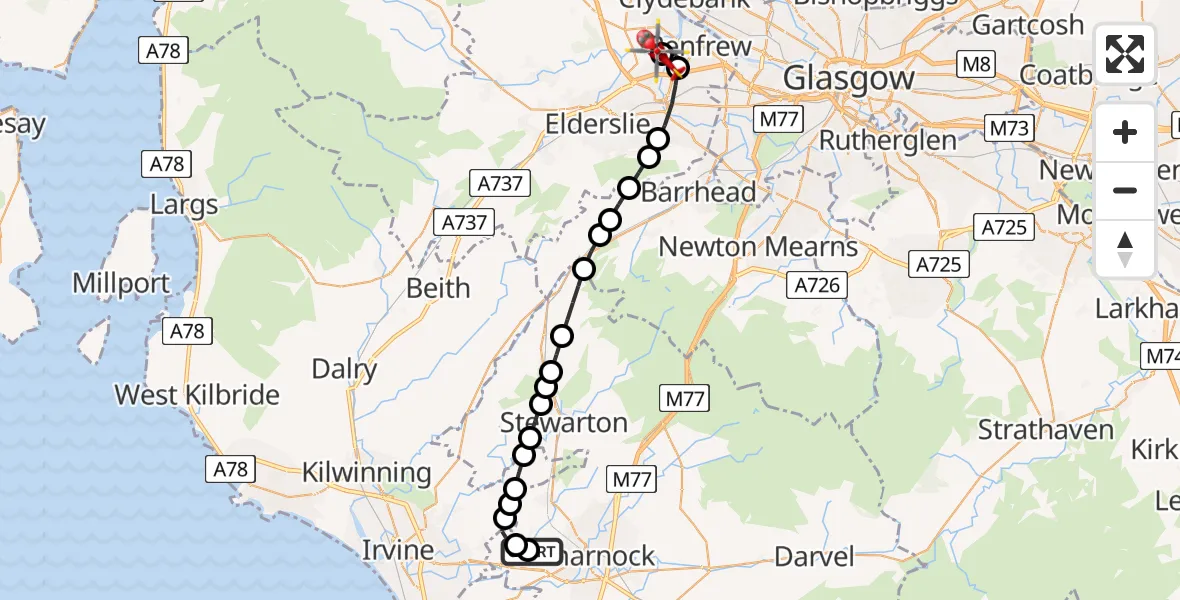 Flight path map showing Air Ambulance Helicopter route from Crosshouse University Hospital to Glasgow Airport