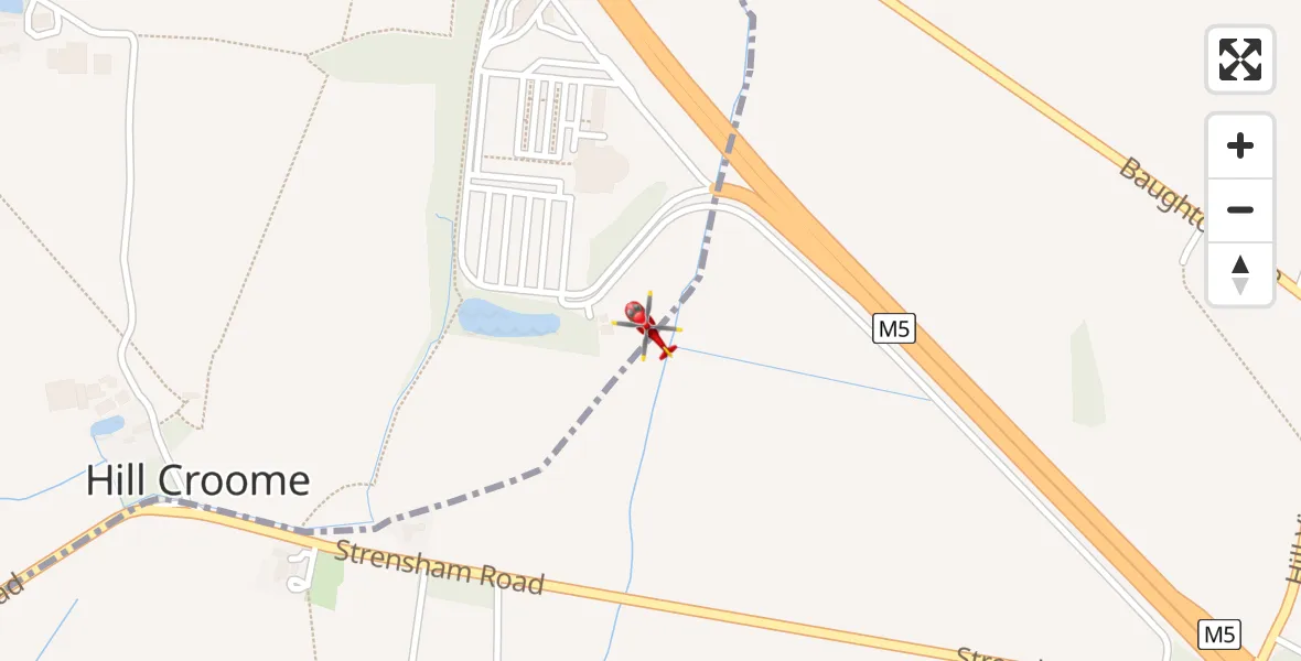 Flight path map showing Air Ambulance Helicopter route from Hill Croome to Hill Croome