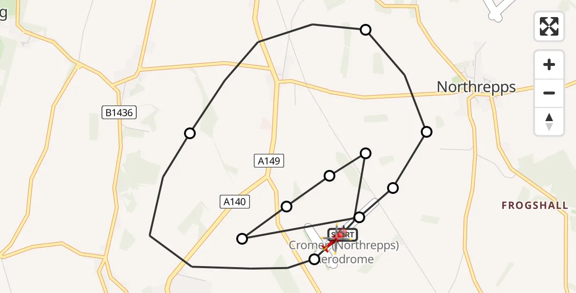 Flight path map showing Air Ambulance Helicopter route from Northrepps Aerodrome to Northrepps Aerodrome