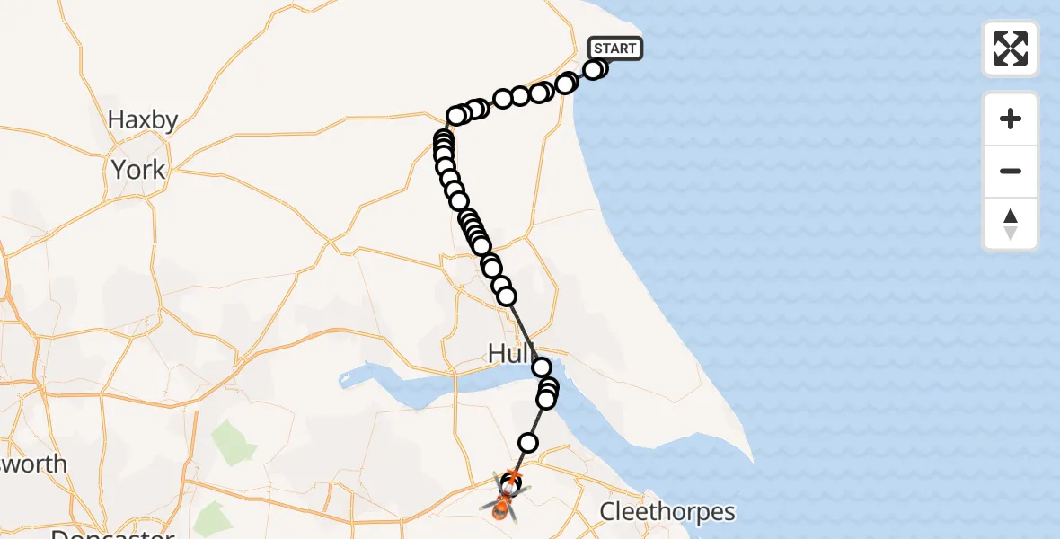 Flight path map showing Coastguard Helicopter route from Flamborough to Humberside Airport