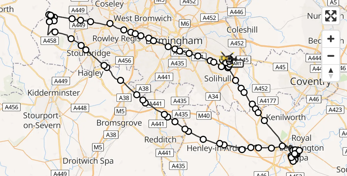 Flight path map showing Police Helicopter route from Bickenhill to Birmingham