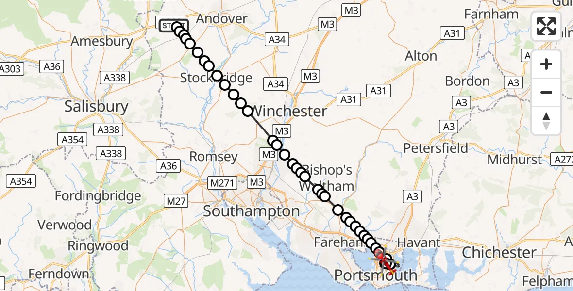 Flight path map showing Air Ambulance Helicopter route from Thruxton to Portsmouth