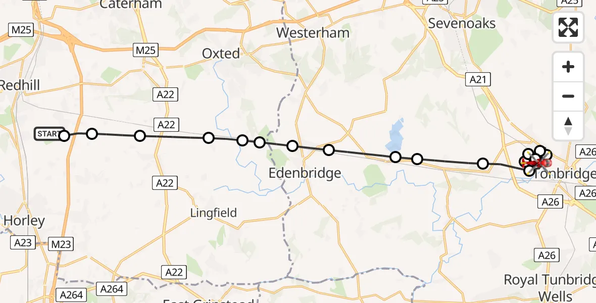 Flight path map showing Air Ambulance Helicopter route from Redhill Aerodrome to Sevenoaks