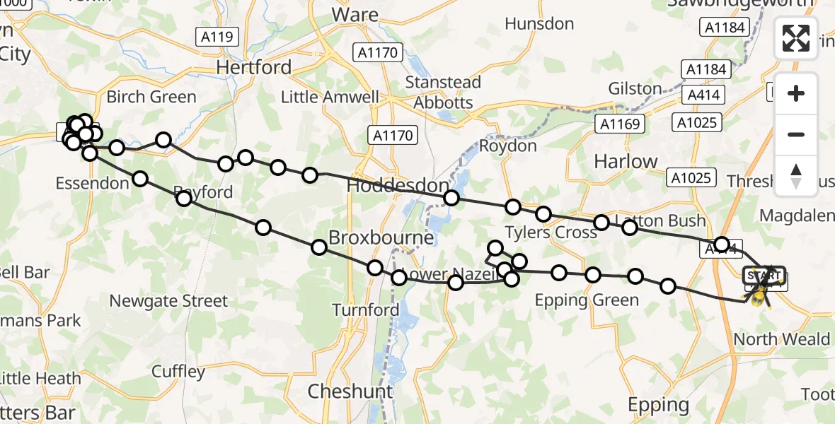 Flight path map showing Police Helicopter route from North Weald Bassett to North Weald Bassett