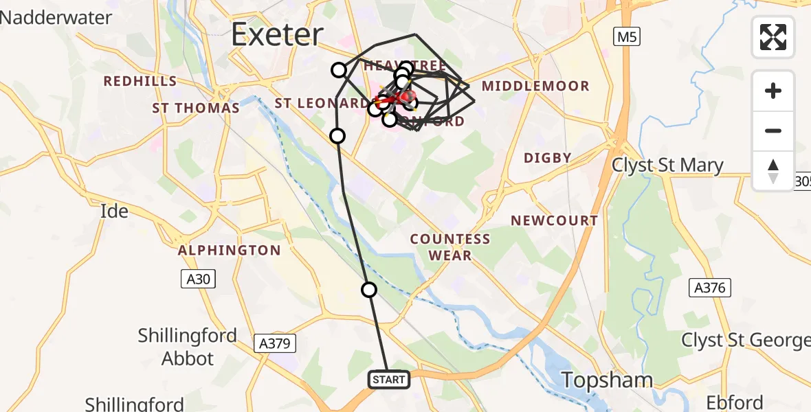 Flight path map showing Air Ambulance Helicopter route from Exminster to Royal Devon & Exeter Hospital