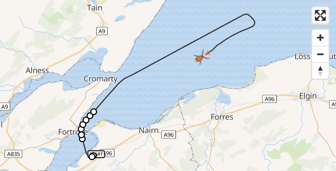 Flight path map showing Coastguard Helicopter route from Inverness Airport to North Sea