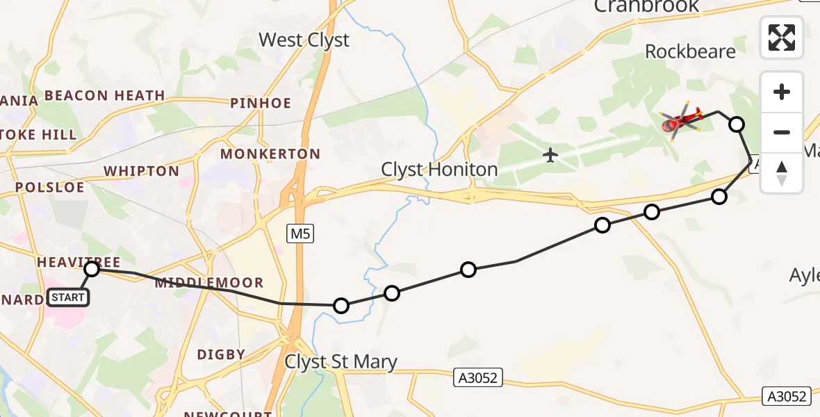 Flight path map showing Air Ambulance Helicopter route from Royal Devon & Exeter Hospital to Rockbeare