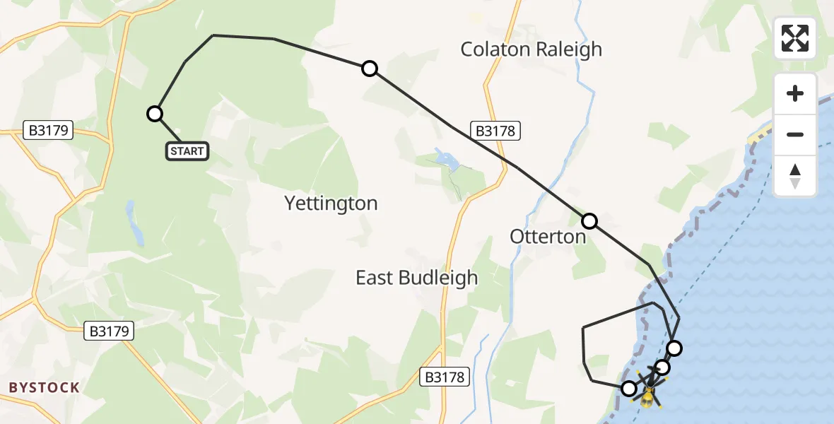 Flight path map showing Police Helicopter route from Yettington to Otterton