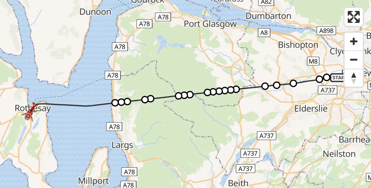 Flight path map showing Air Ambulance Helicopter route from Glasgow Airport to Inner Seas