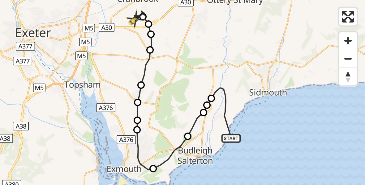 Flight path map showing Police Helicopter route from Otterton to Exeter International Airport