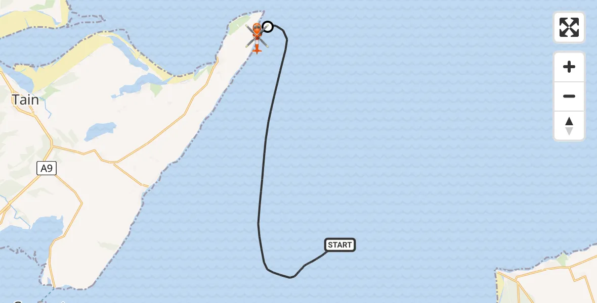 Flight path map showing Coastguard Helicopter route from North Sea to Wilkhaven