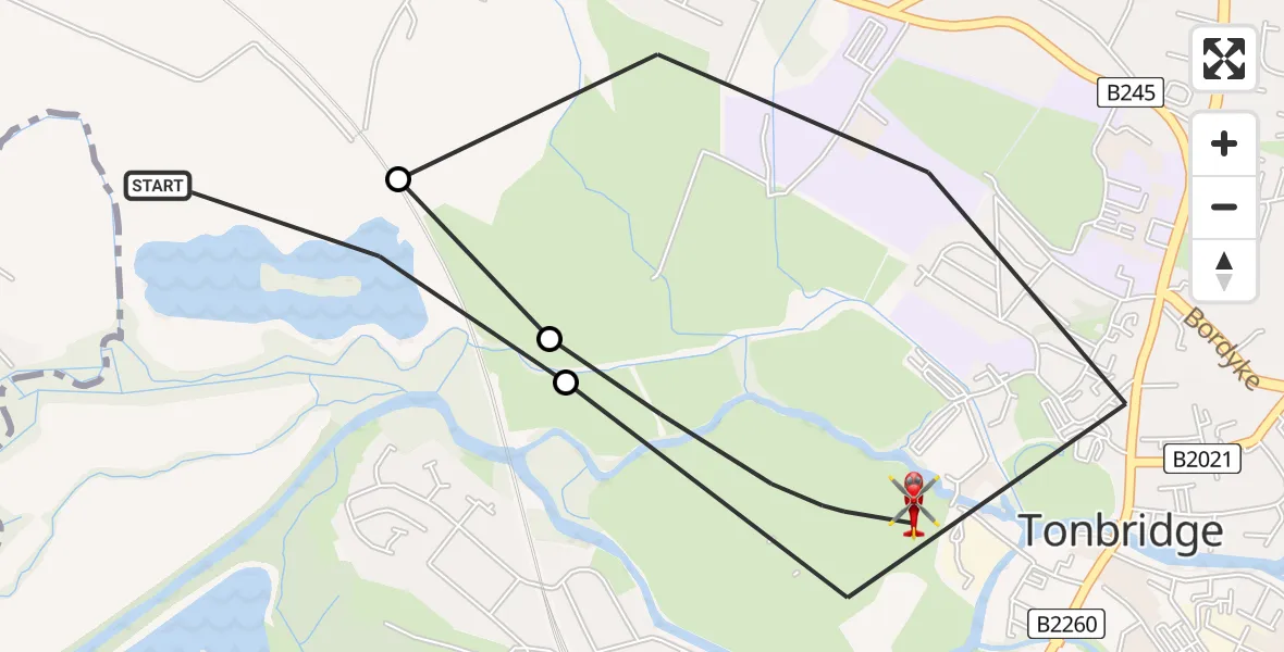 Flight path map showing Air Ambulance Helicopter route from Sevenoaks to Tonbridge