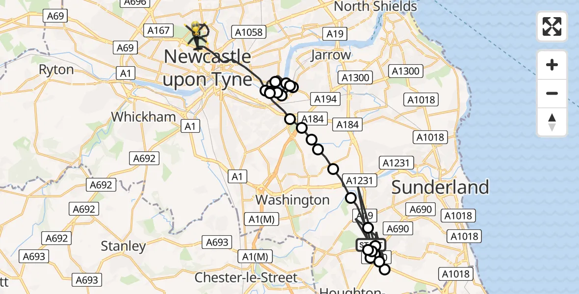 Flight path map showing Police Helicopter route from New Herrington to Newcastle upon Tyne