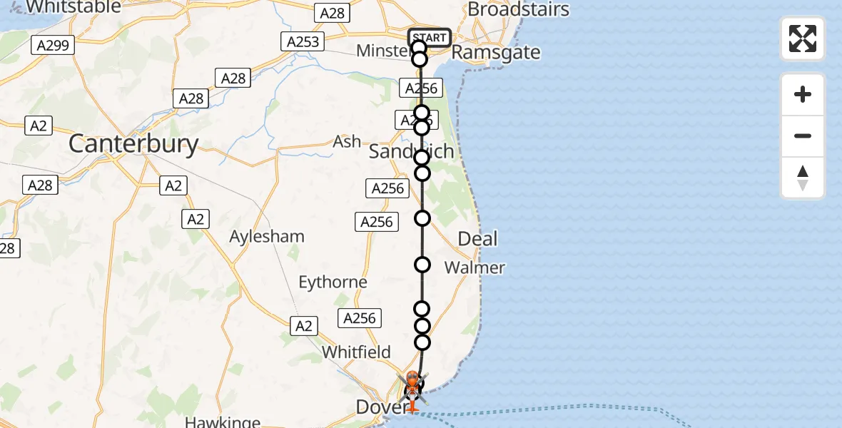 Routekaart van de vlucht: Coastguard Helicopter to Langdon Battery Heliport, Upper Road