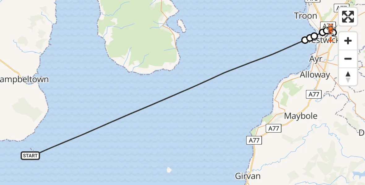 Flight path map showing Coastguard Helicopter route from Inner Seas to Glasgow Prestwick Airport