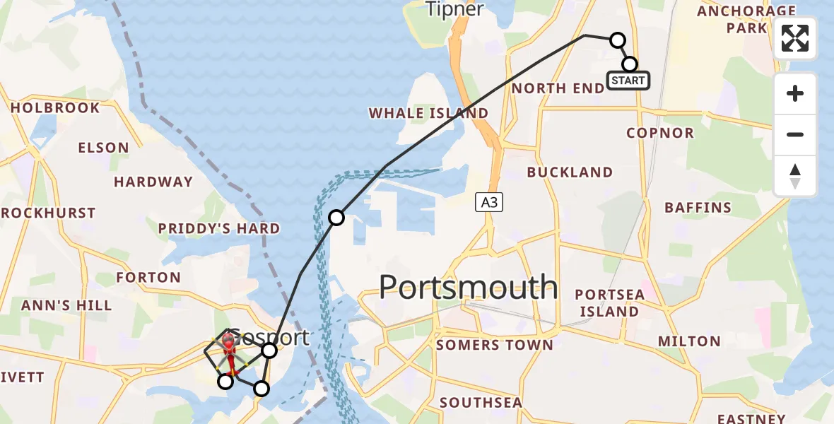 Flight path map showing Air Ambulance Helicopter route from Tipner to Gosport