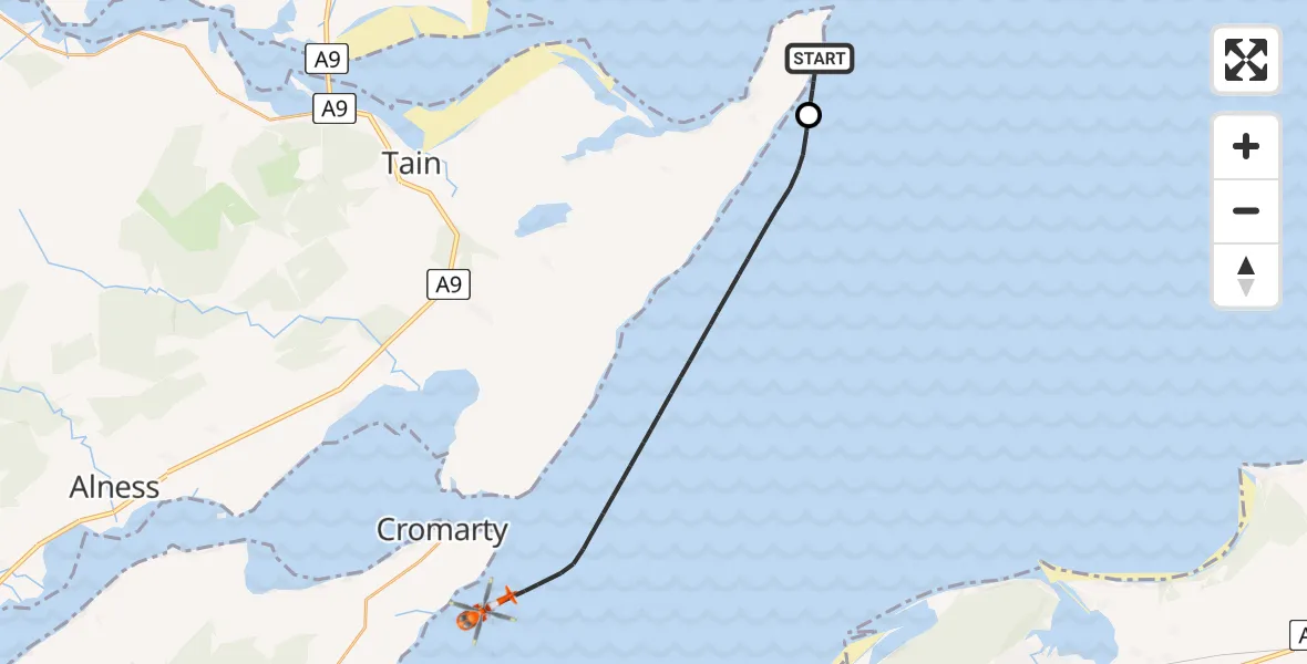 Flight path map showing Coastguard Helicopter route from Wilkhaven to North Sea