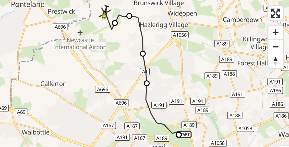 Flight path map showing Police Helicopter route from Newcastle upon Tyne to Dinnington