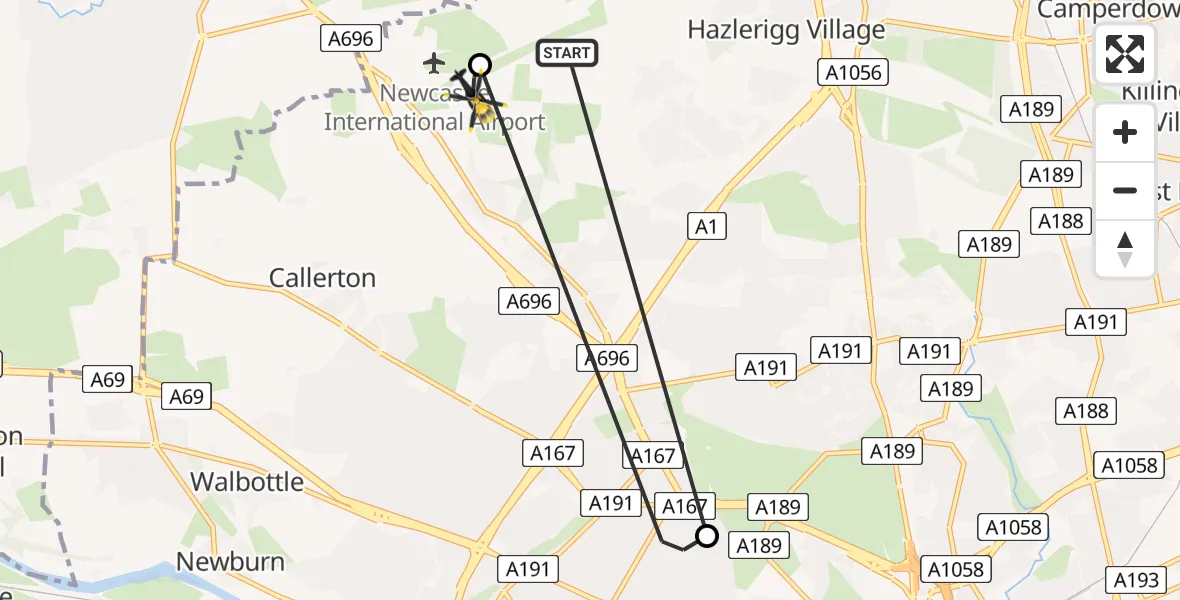 Flight path map showing Police Helicopter route from Newcastle International Airport to Newcastle International Airport